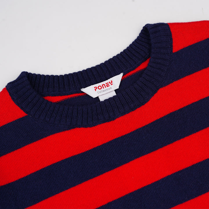 Poney Boys Red Navy Stripe Round Neck Short Sleeve Sweater