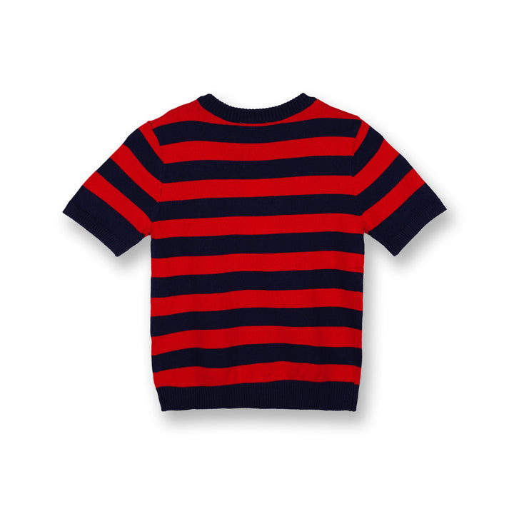 Poney Boys Red Navy Stripe Round Neck Short Sleeve Sweater