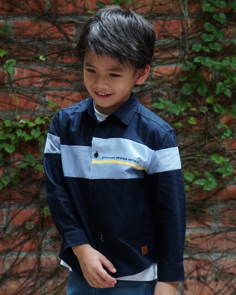 Poney Boys Navy Oxford Color Blocking Long Sleeve Shirt