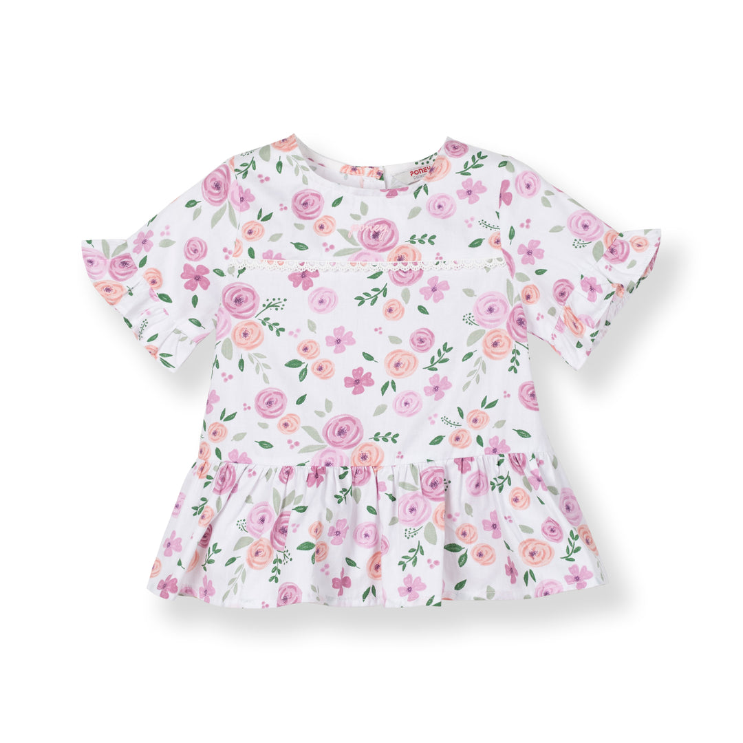 Poney Girls White Flowery Short Sleeve Blouse