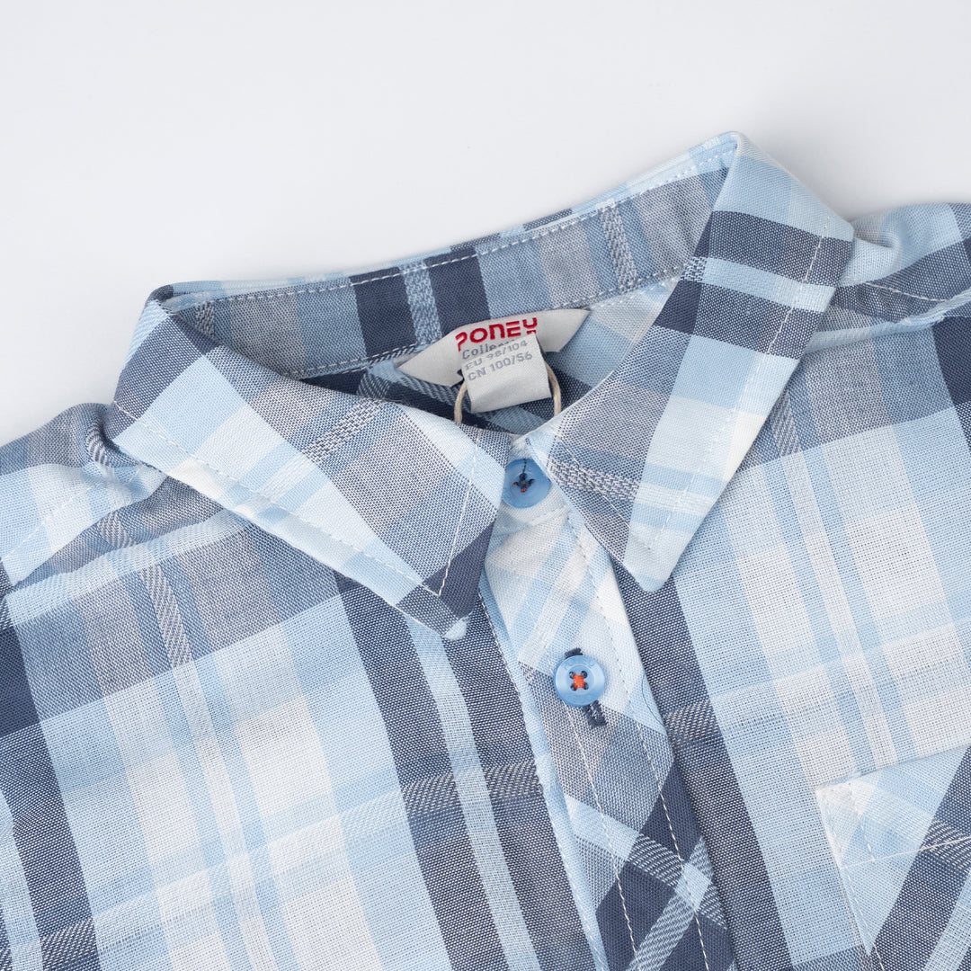 Poney Light Blue Splice Checked Short Sleeve Shirt