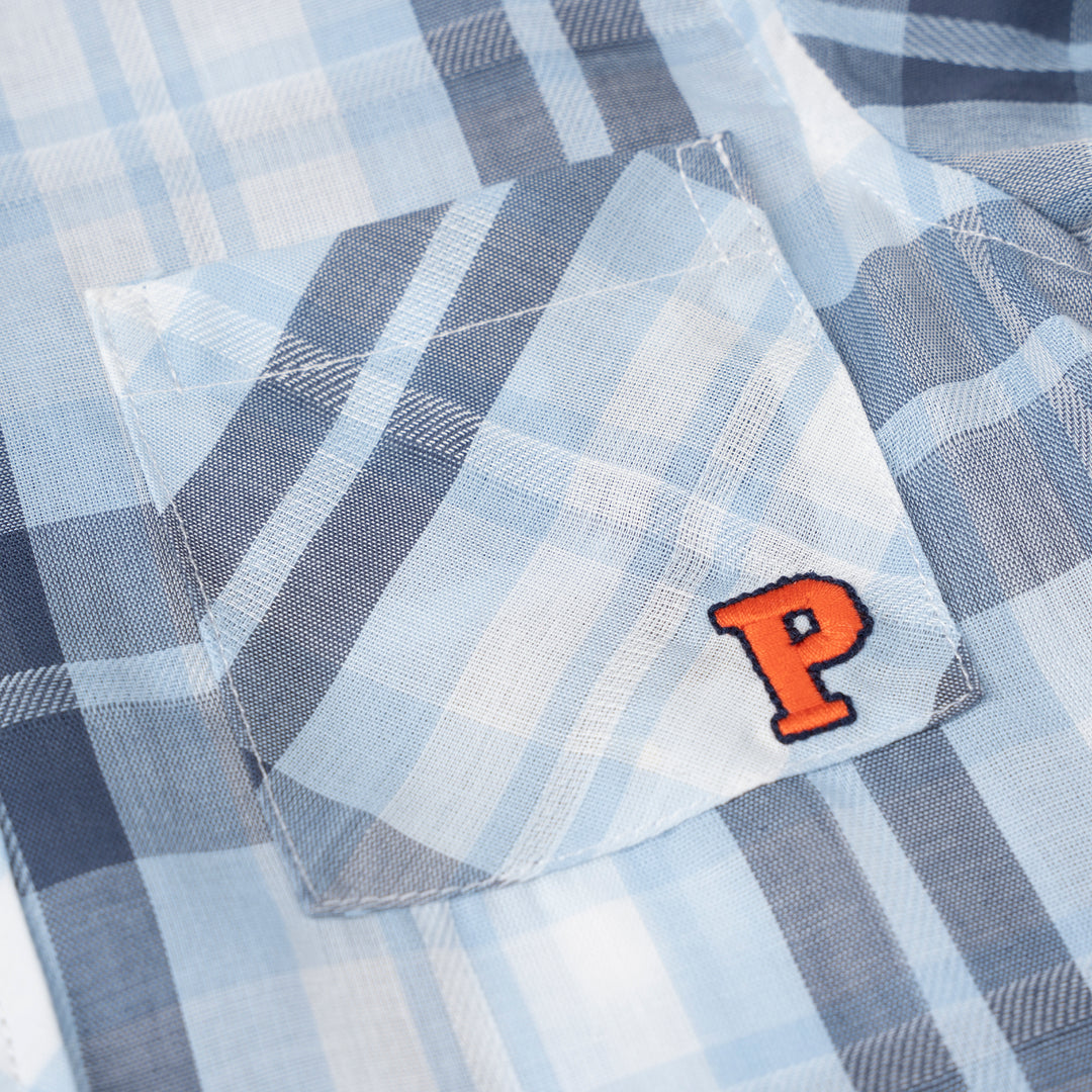 Poney Light Blue Splice Checked Short Sleeve Shirt