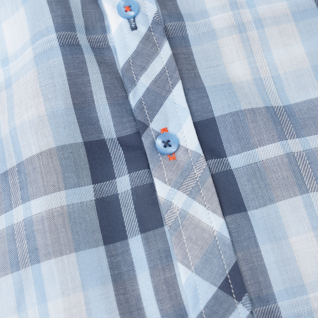 Poney Light Blue Splice Checked Short Sleeve Shirt