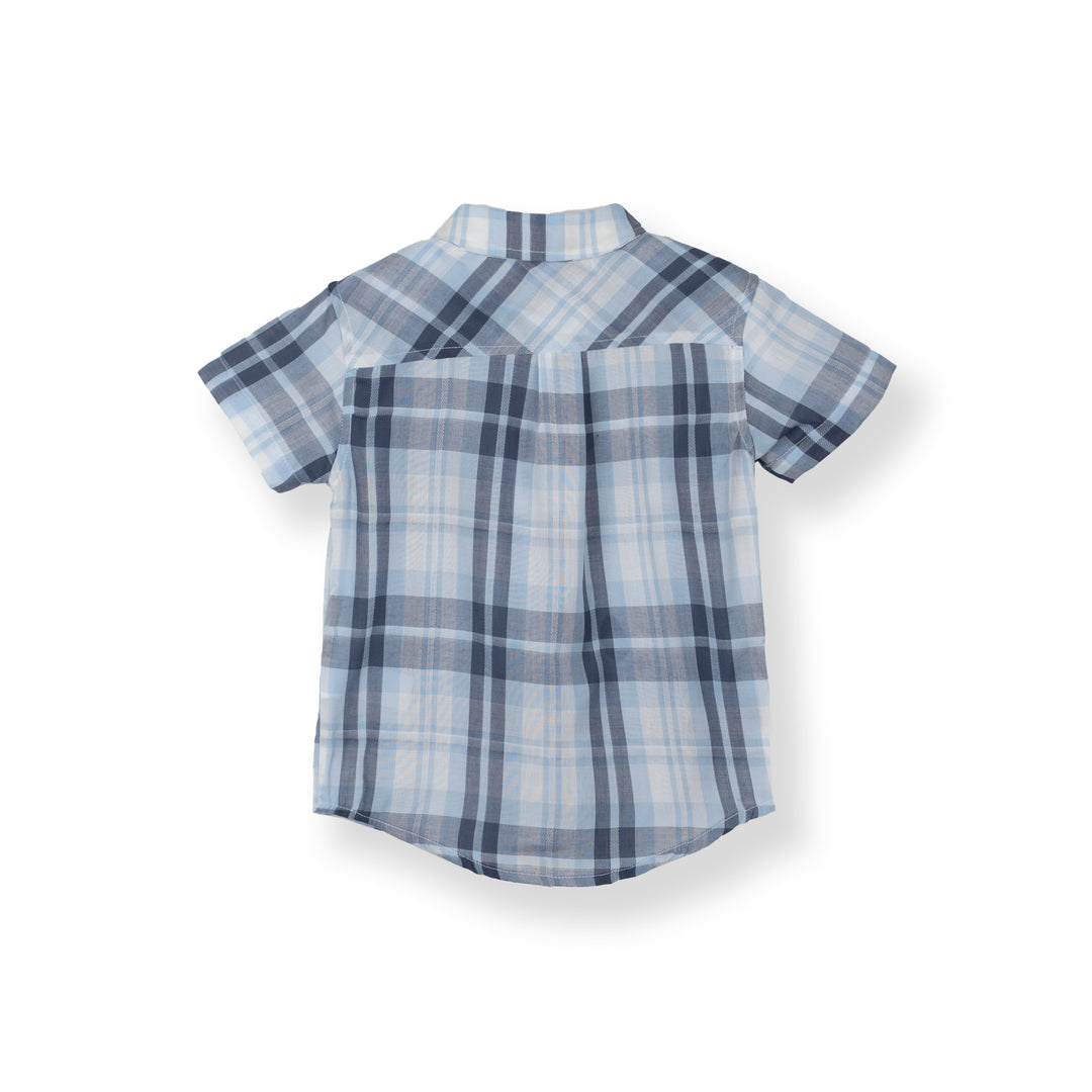 Poney Light Blue Splice Checked Short Sleeve Shirt