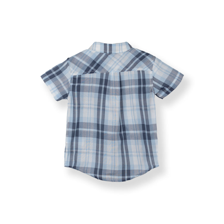 Poney Light Blue Splice Checked Short Sleeve Shirt