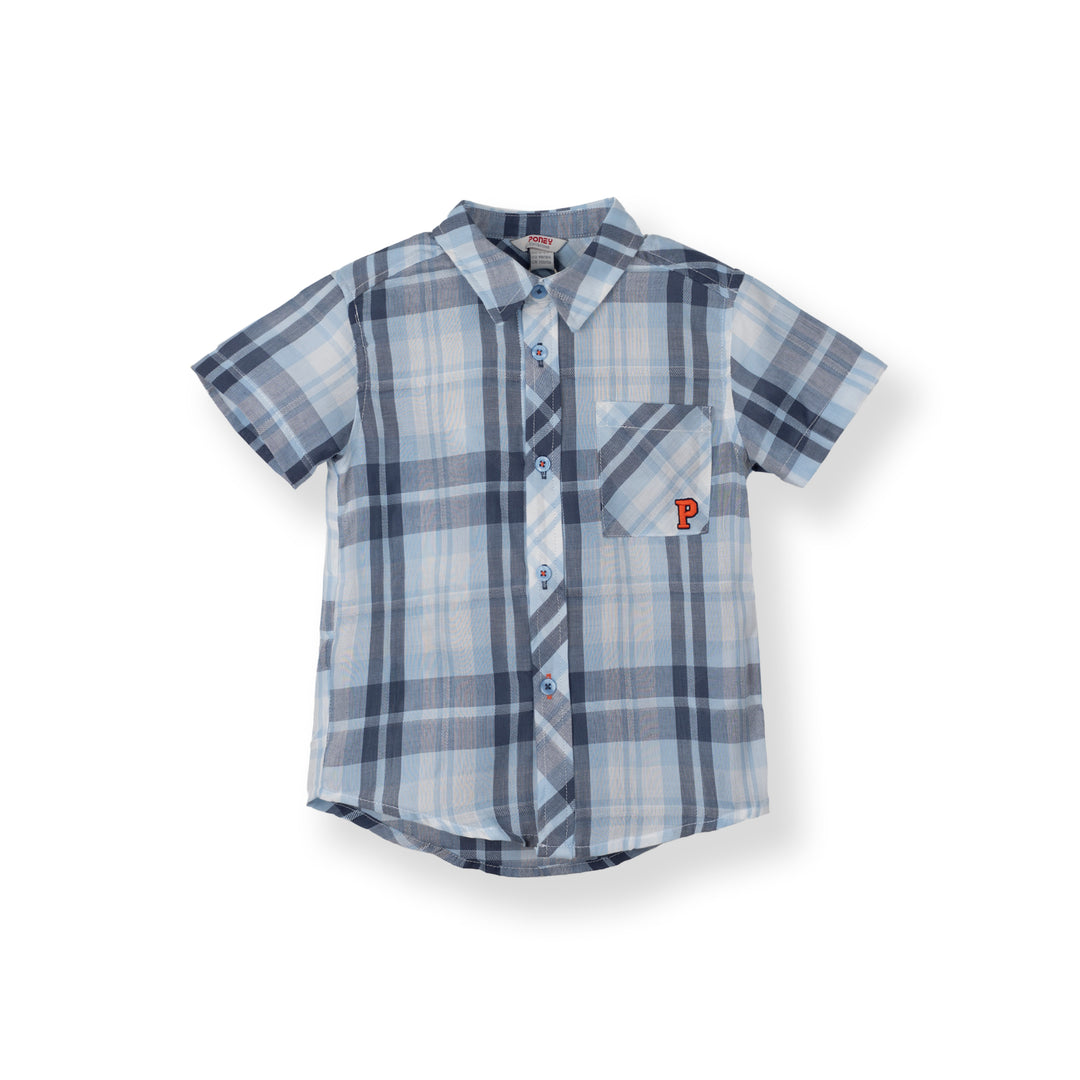 Poney Light Blue Splice Checked Short Sleeve Shirt