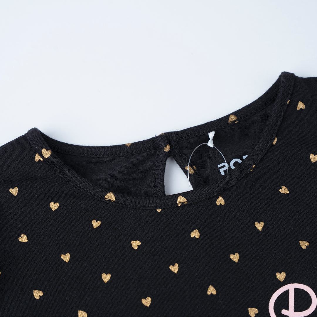 Poney Girls Black Heart Print Long Sleeve Tee