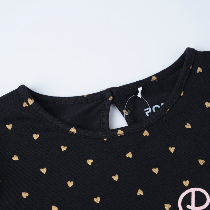 Poney Girls Black Heart Print Long Sleeve Tee