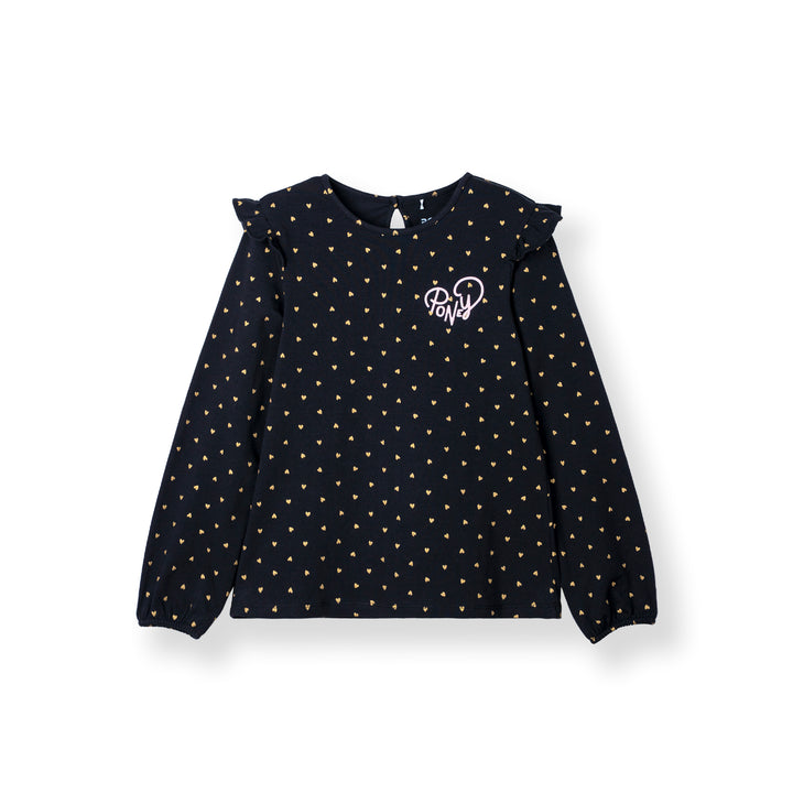Poney Girls Black Heart Print Long Sleeve Tee