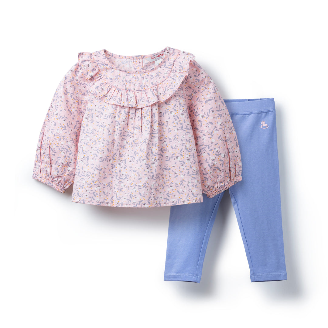 Poney Baby Light Pink Floral Long Sleeve Blouse & Legging Set