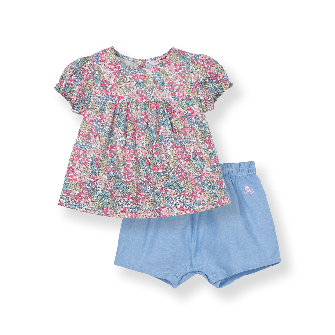 Poney Baby Girls Blossom Pink Short Sleeve Blouse and Shorts Set