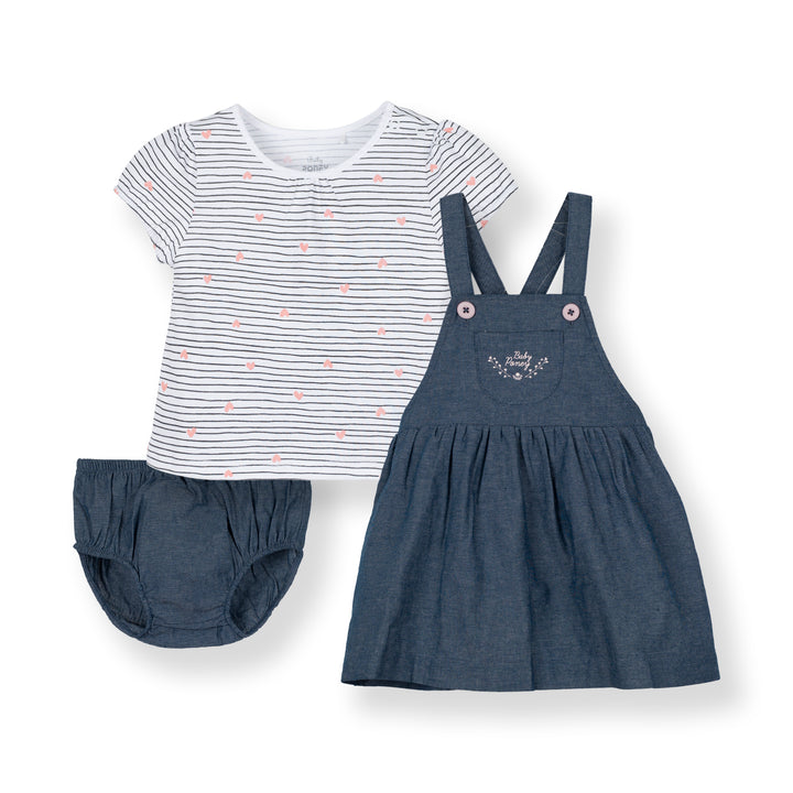 Poney Baby Girls White Flowers Short Sleeve Top & Dungaree Set