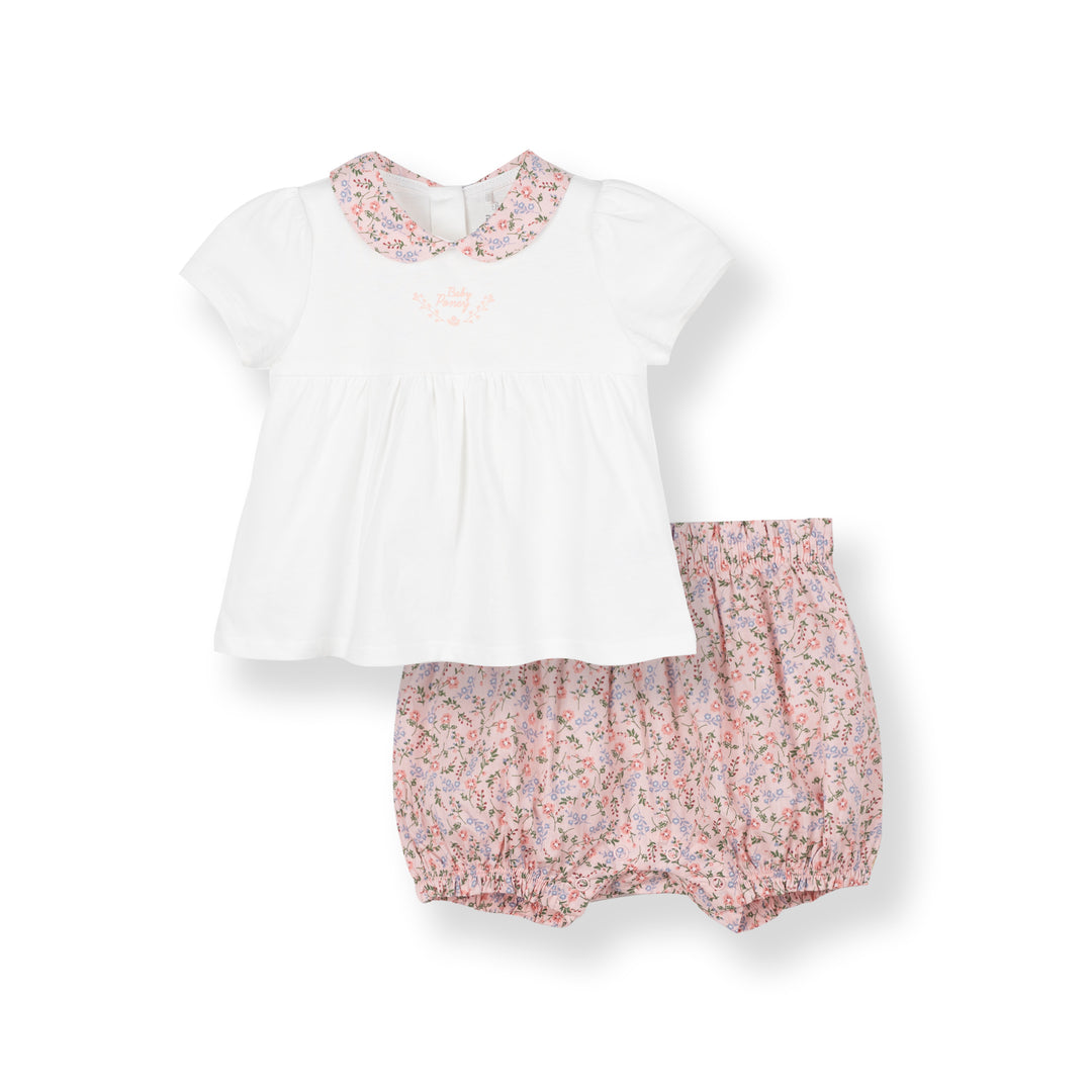 Poney Baby Girls Lt Pink Flowers Short Sleeve Blouse & Shorts Set