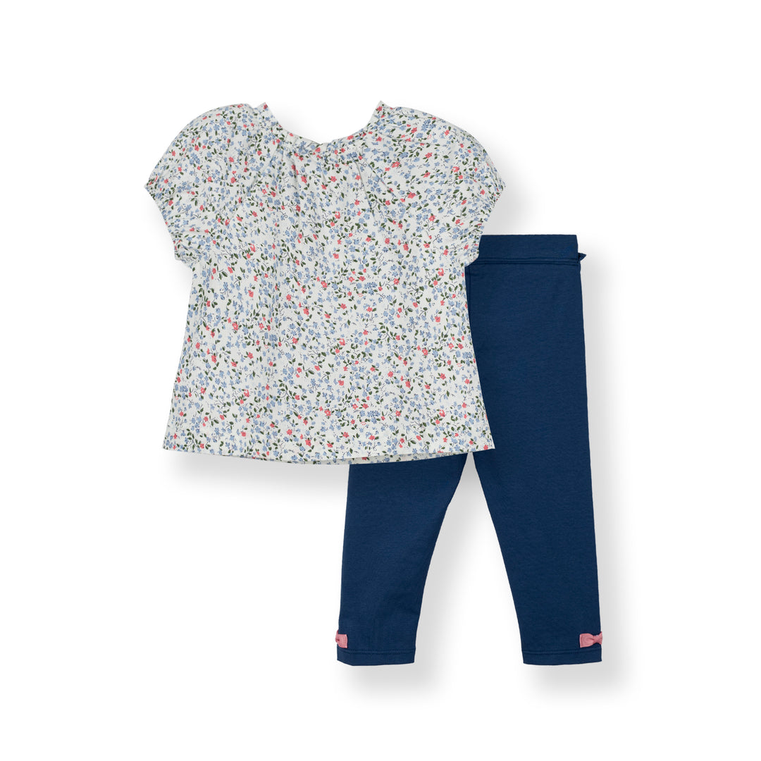 Poney Baby Girls Lt Blue Flowers Short Sleeve Blouse & Legging Set