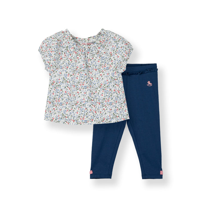 Poney Baby Girls Lt Blue Flowers Short Sleeve Blouse & Legging Set