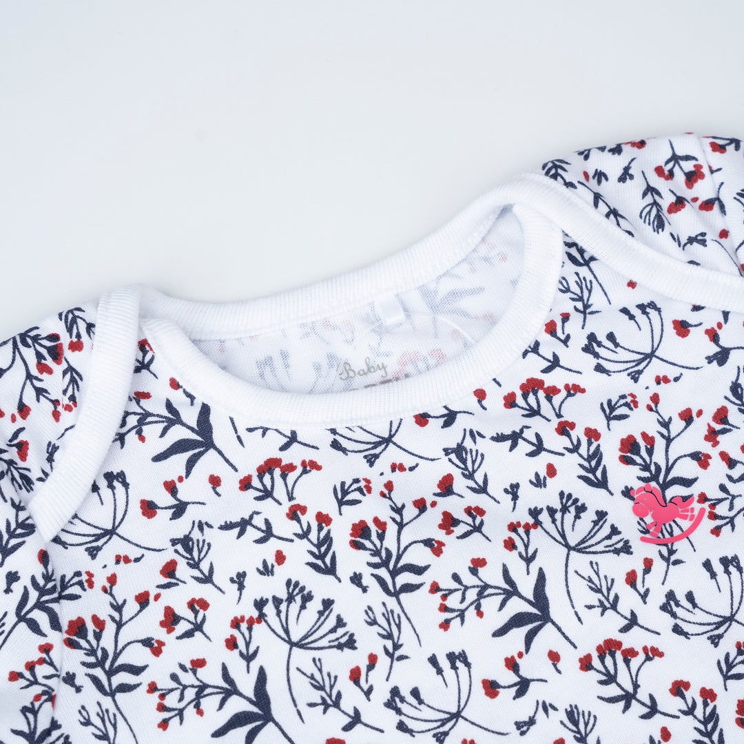 Poney Baby Girls White Tiny Flowers Short Sleeve Bodysuit