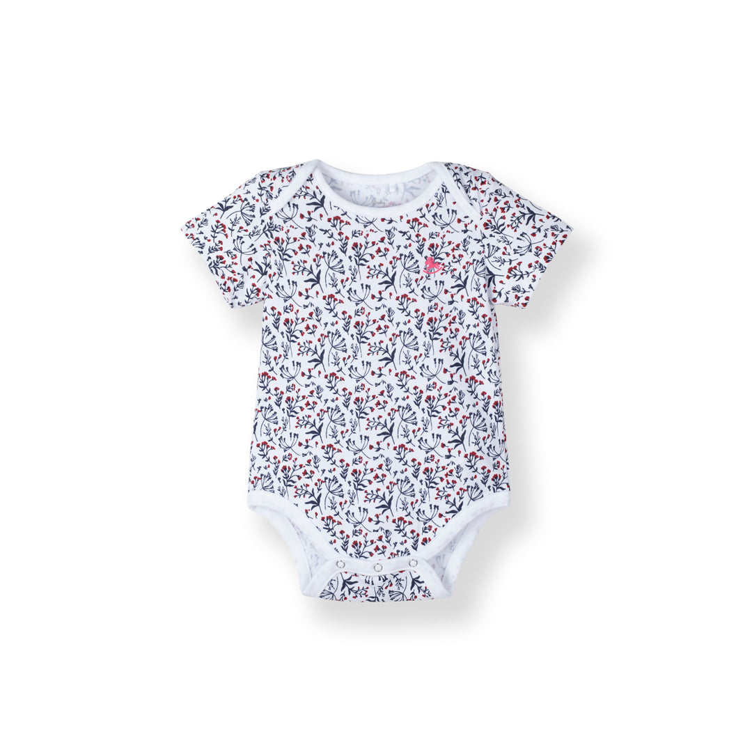 Poney Baby Girls White Tiny Flowers Short Sleeve Bodysuit