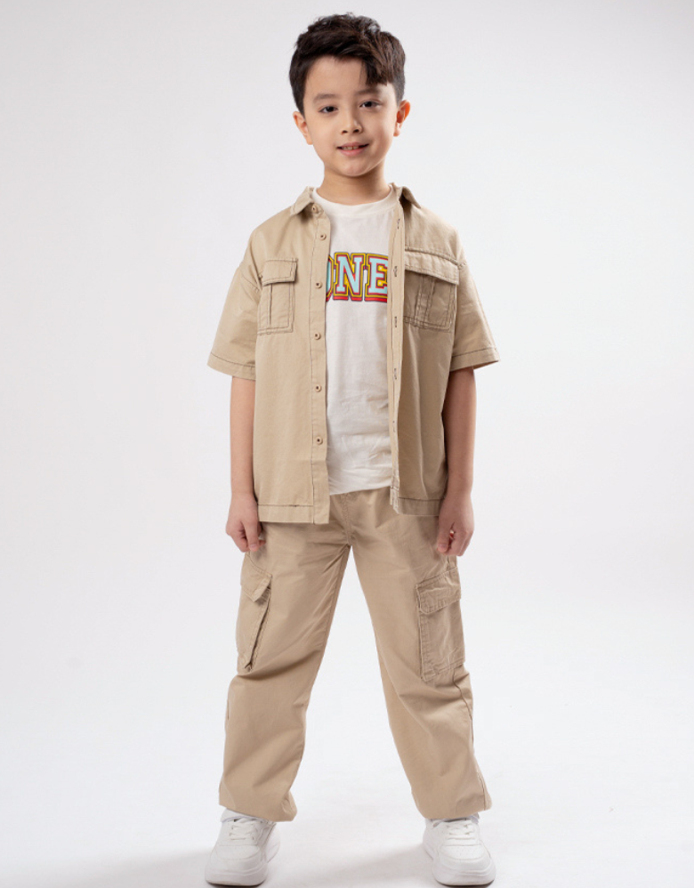 Poney Boys Light Khaki Cargo Short Sleeve Shirt