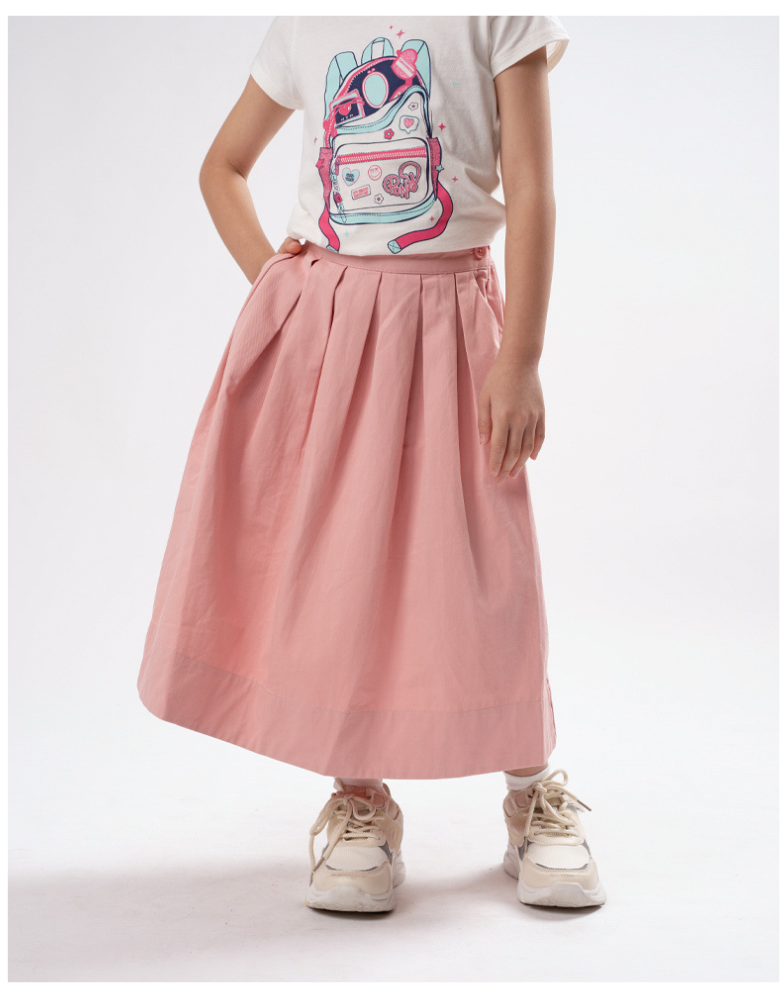 Poney Girls Pink Twill Pleated Long Skirt