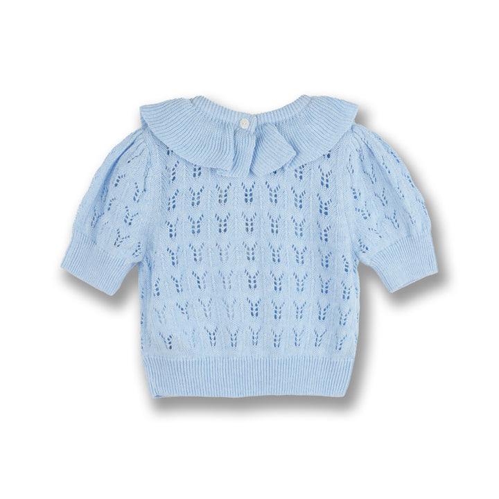 Poney Girls Light Blue Short Sleeve Pointelle Sweater
