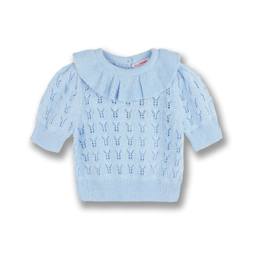 Poney Girls Light Blue Short Sleeve Pointelle Sweater