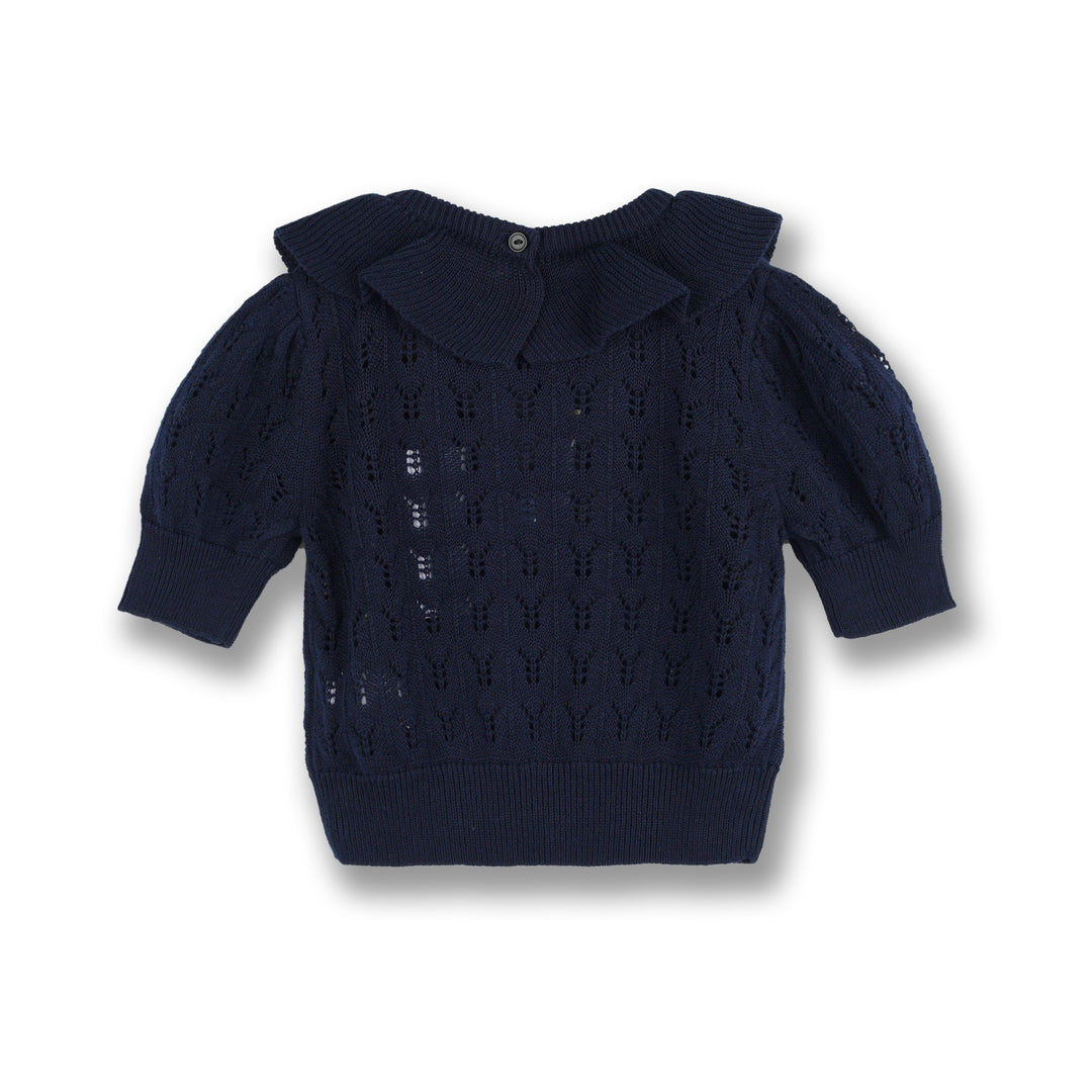 Poney Girls Black Short Sleeve Pointelle Sweater