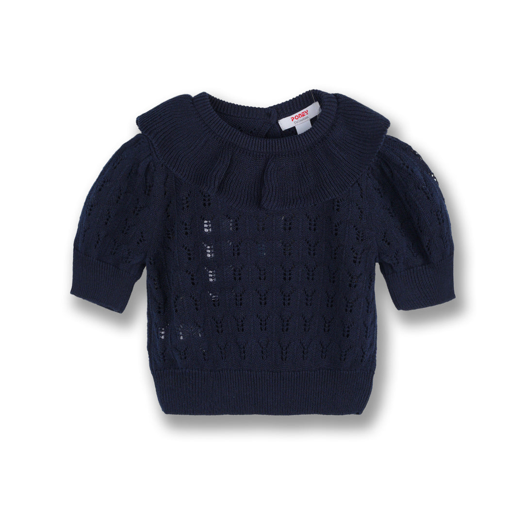 Poney Girls Black Short Sleeve Pointelle Sweater