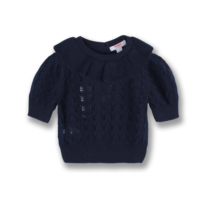 Poney Girls Black Short Sleeve Pointelle Sweater