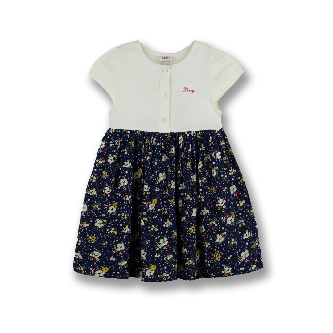 Poney Girls White Flowery Gathered Detail Short Sleeve Dress