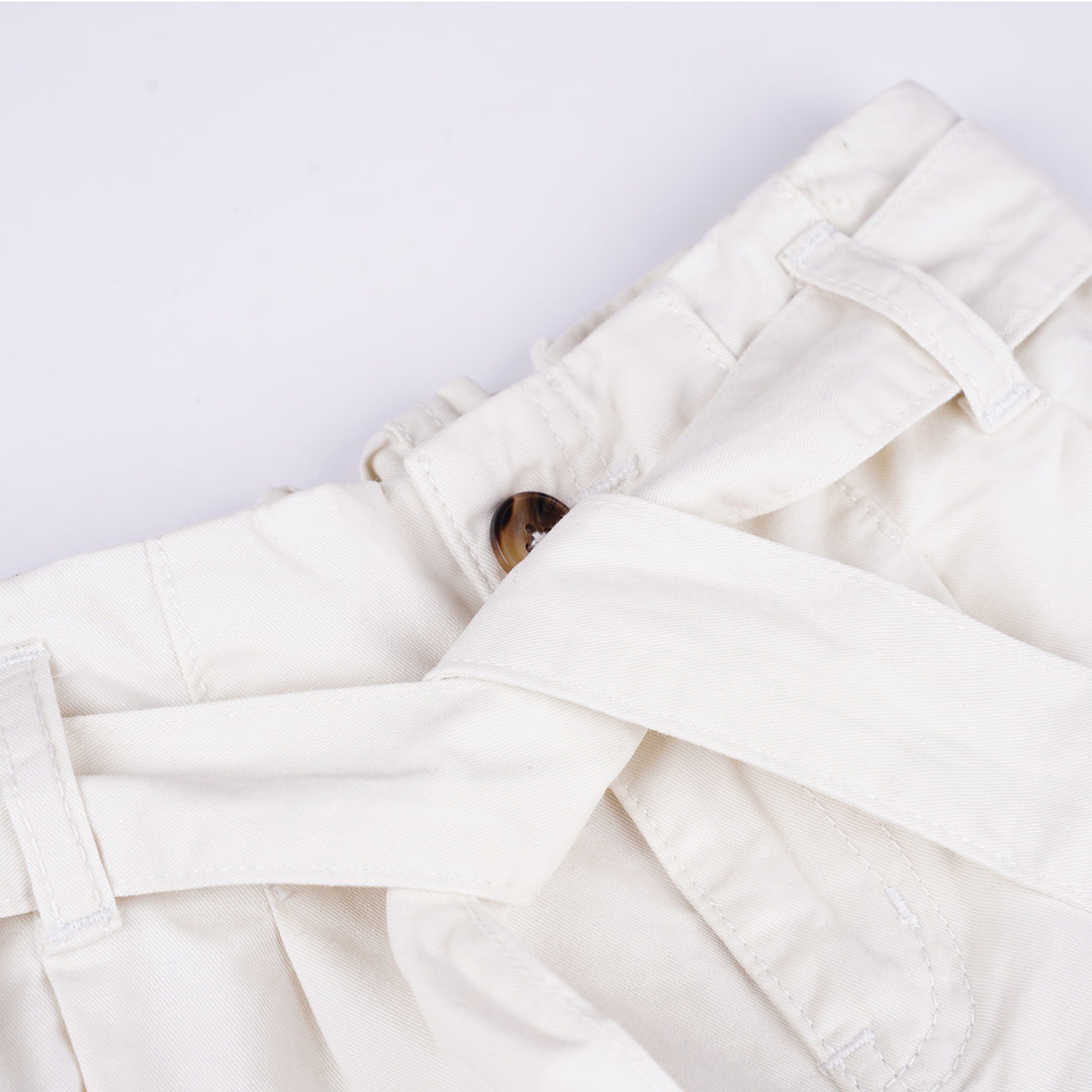 Poney Girls White Cotton Jacquard Trousers with Belt Details