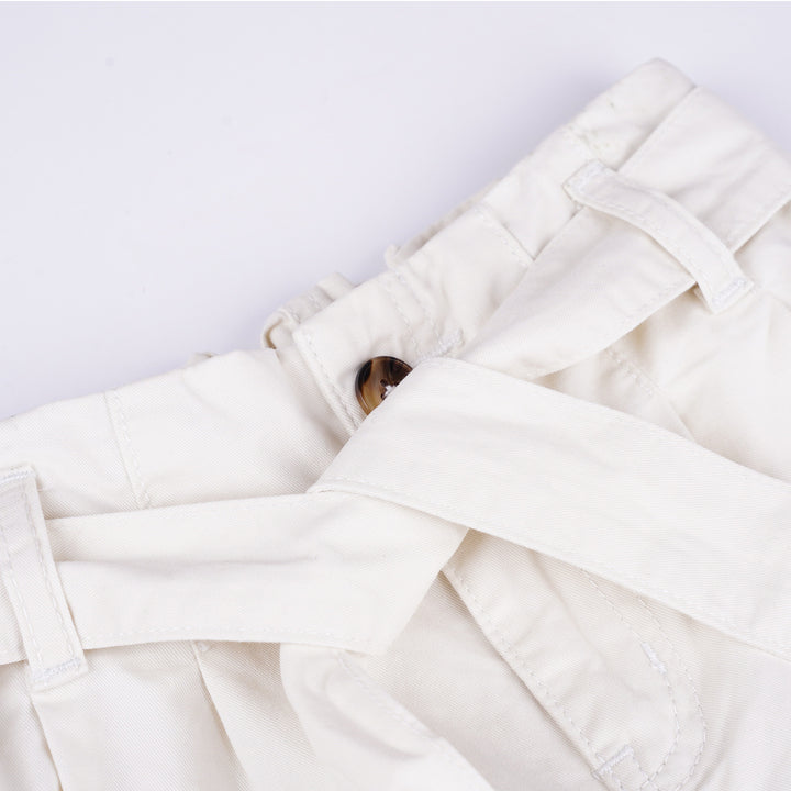 Poney Girls White Cotton Jacquard Trousers with Belt Details