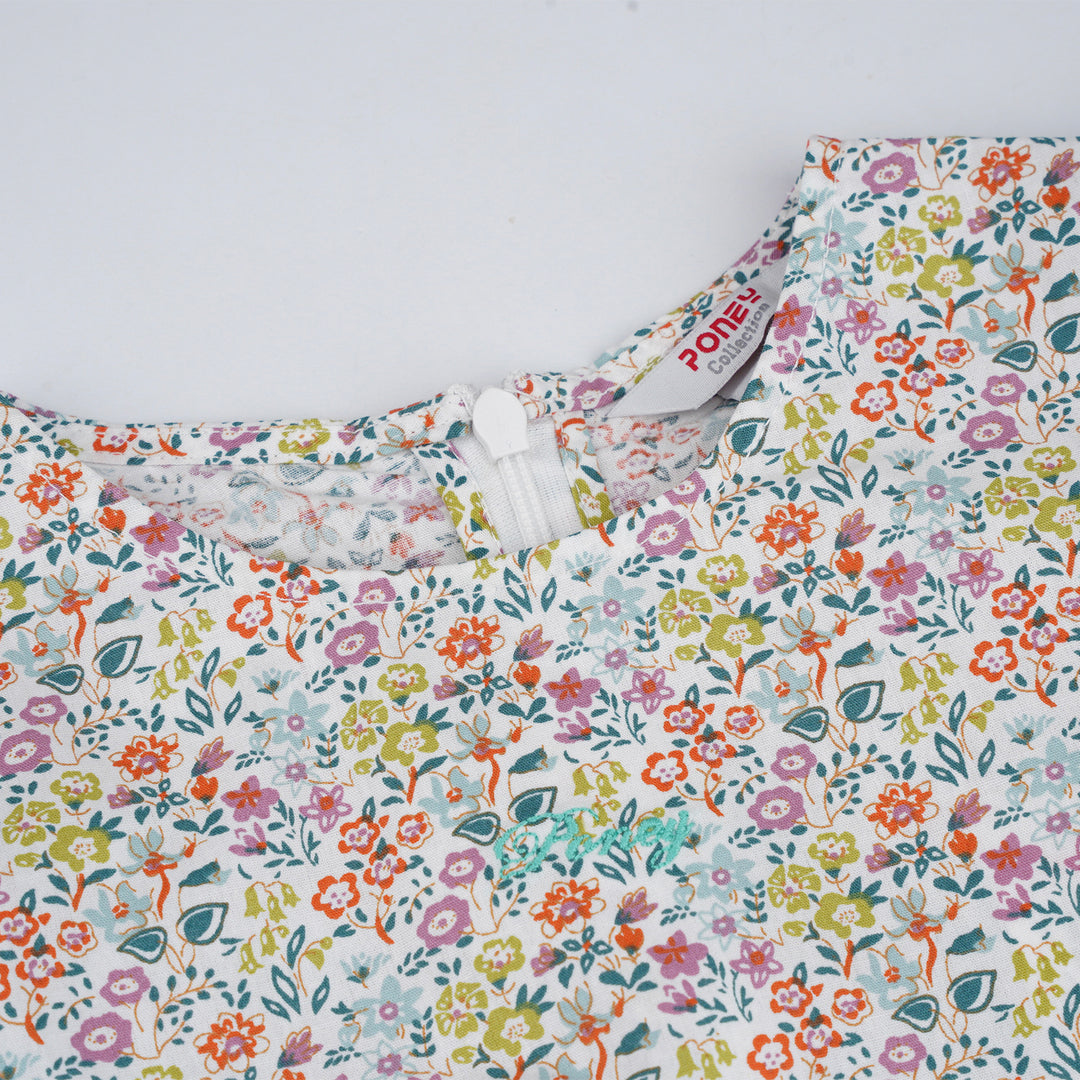 Poney Girls White Cheerful Flowers Long Sleeve Dress