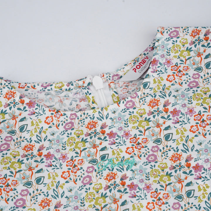 Poney Girls White Cheerful Flowers Long Sleeve Dress