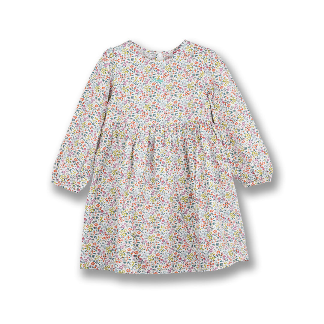 Poney Girls White Cheerful Flowers Long Sleeve Dress