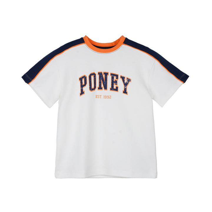 Poney Boys White Colour Blocking With Logo Oversized Short Sleeve Tee