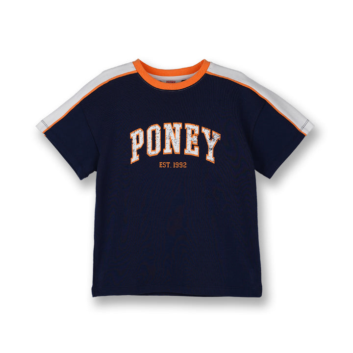 Poney Boys Navy Colour Blocking With Logo Oversized Short Sleeve Tee
