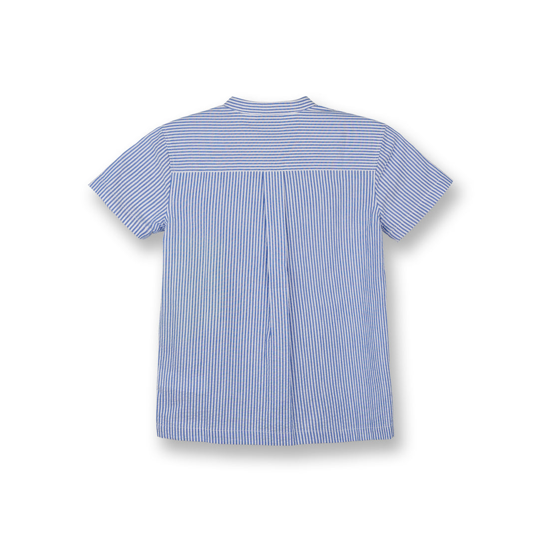 Poney Boys Blue Mao Collar Seersucker Short Sleeve Shirt