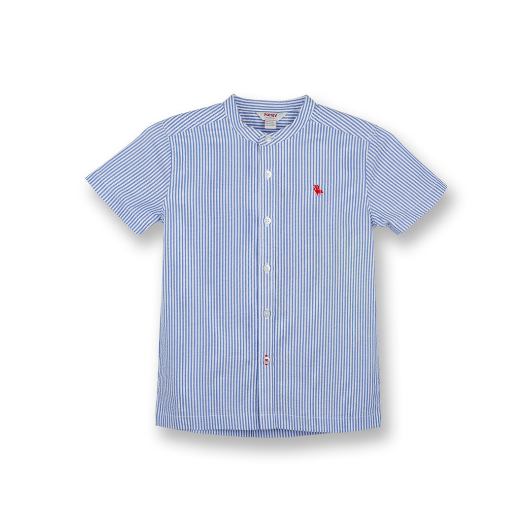 Poney Boys Blue Mao Collar Seersucker Short Sleeve Shirt
