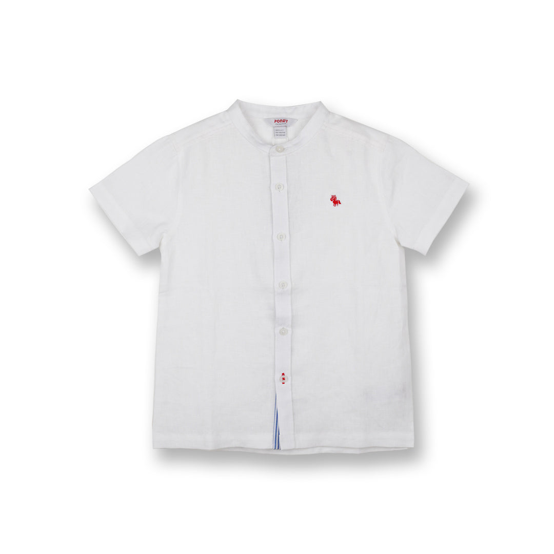 Poney Boys White Mao Collar Linen Short Sleeve Shirt
