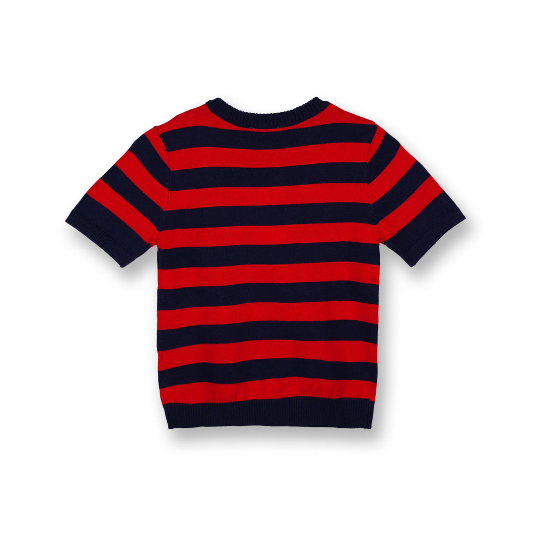 Poney Boys Red Navy Stripe Round Neck Short Sleeve Sweater