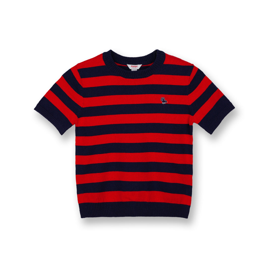 Poney Boys Red Navy Stripe Round Neck Short Sleeve Sweater