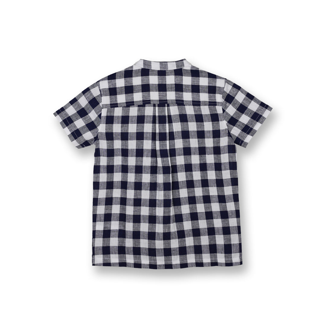 Poney Boys Navy Mao Collar Grey Check Short Sleeve Shirt