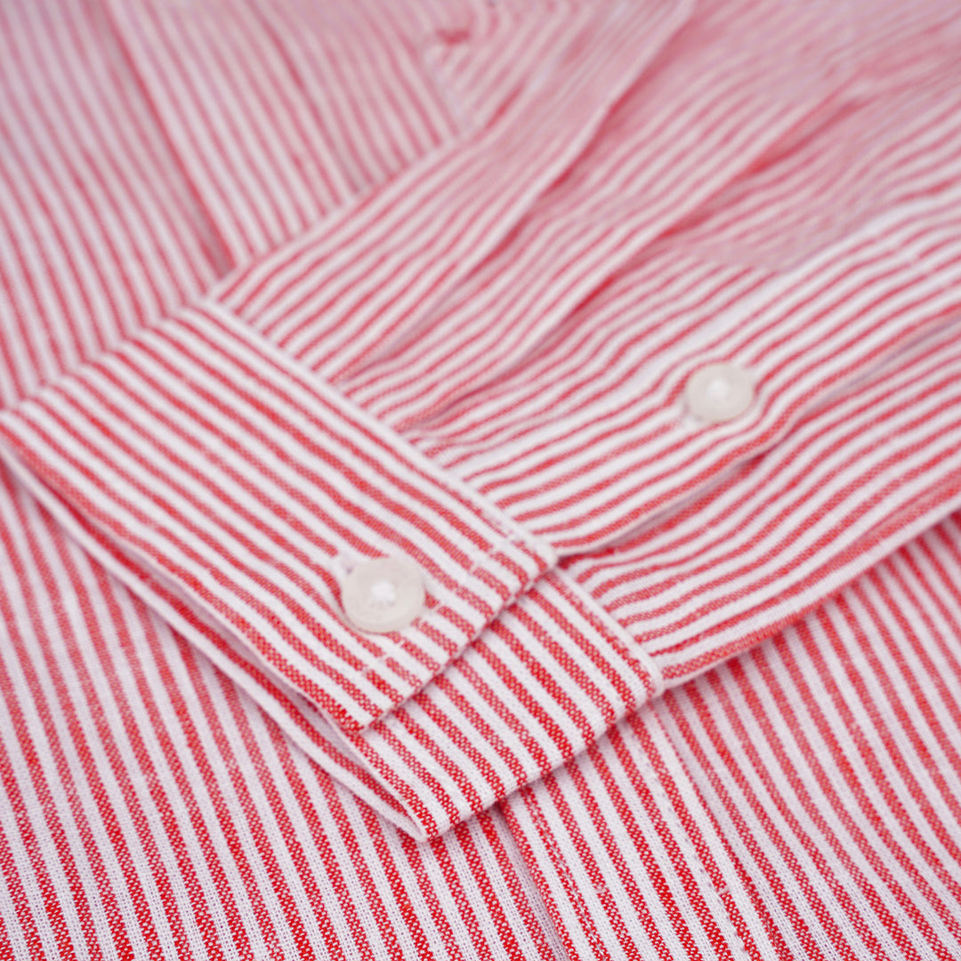 Poney Boys Red Linen Stripes Long Sleeve Shirt