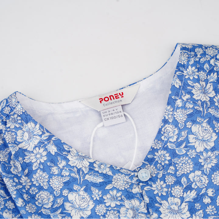 Poney Girls Blue Floral Printed Flowy Short Sleeve Dress