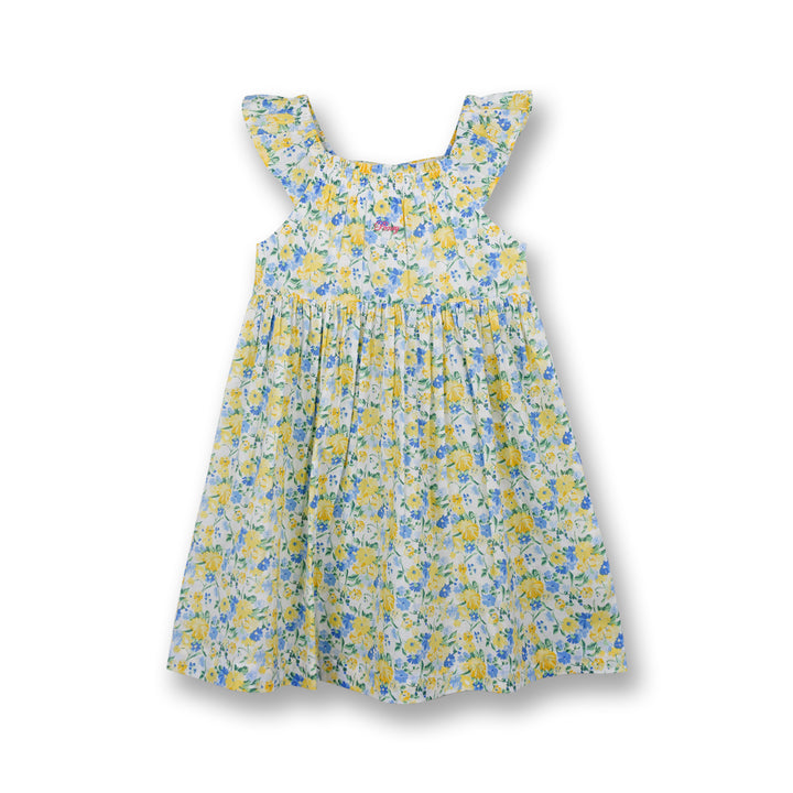 Poney Girls Yellow Sunshine Blue Floral Printed Sleeveless Dress