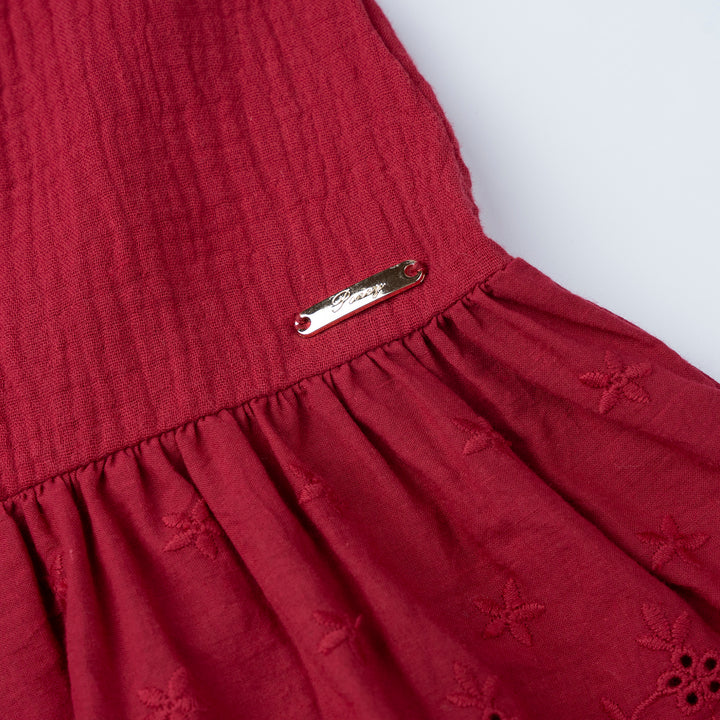 Girls Red Long Sleeve Jacquard Lace Dress