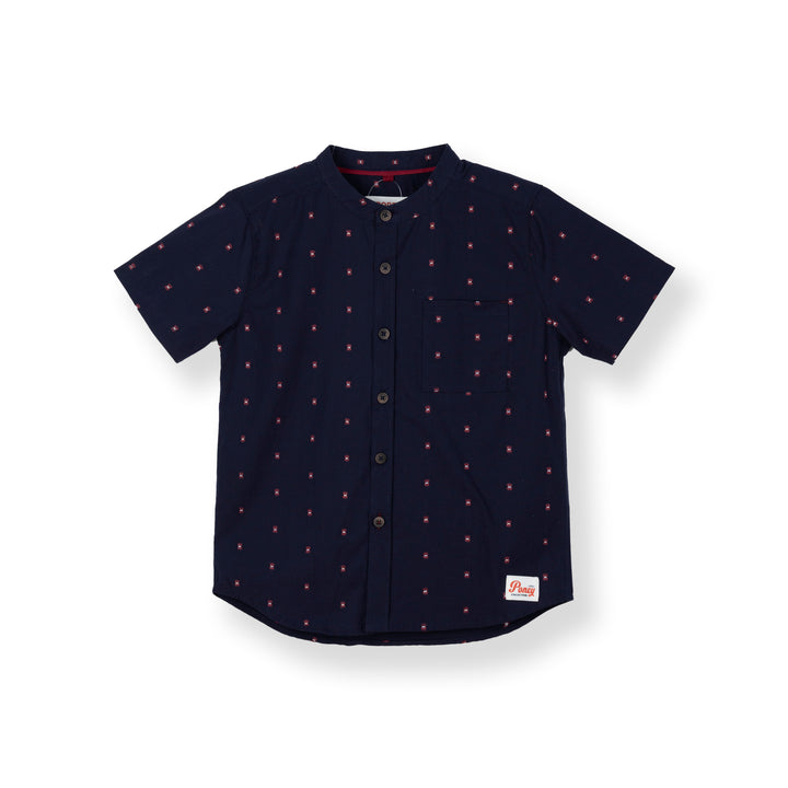 Poney Boys Navy Jacquard Mandarin Collar Short Sleeve Shirt