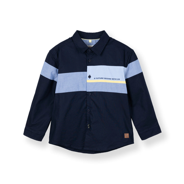 Poney Boys Navy Oxford Color Blocking Long Sleeve Shirt