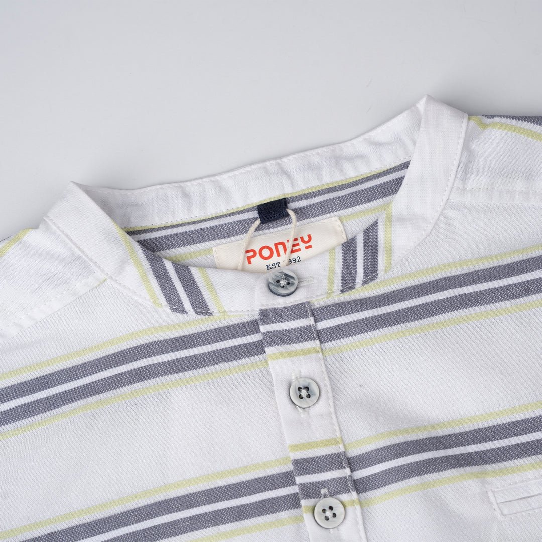 Poney Boys Green Stripes Mao Collar Short Sleeve Shirt