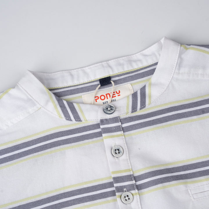 Poney Boys Green Stripes Mao Collar Short Sleeve Shirt